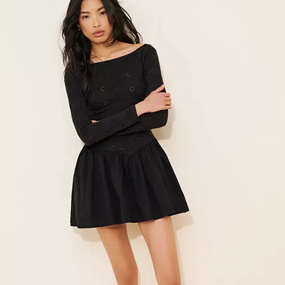 Free People NWT black Eyelet long sleeve Scoop back Surley Mini Dress, sz XS